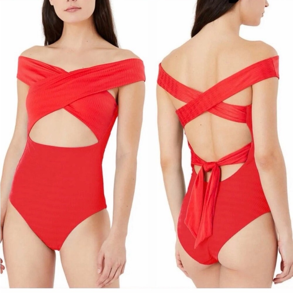 NWT Onia “Cindy” Red Off-Shoulder Cutout One-Piece Swimsuit XS